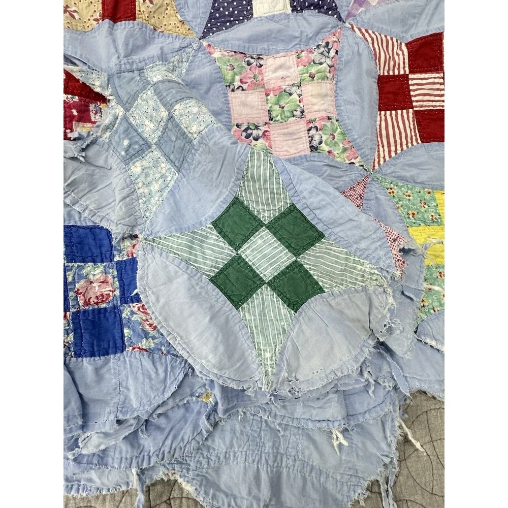 Antique Cutter Quilt Blue Drunkards‎ Path Patchwork Primitive Fabric Handmade